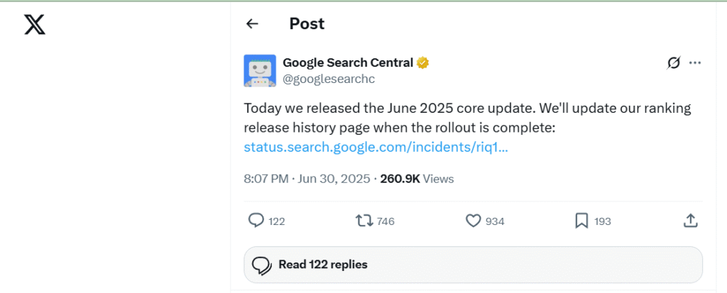 Google Core Update Message